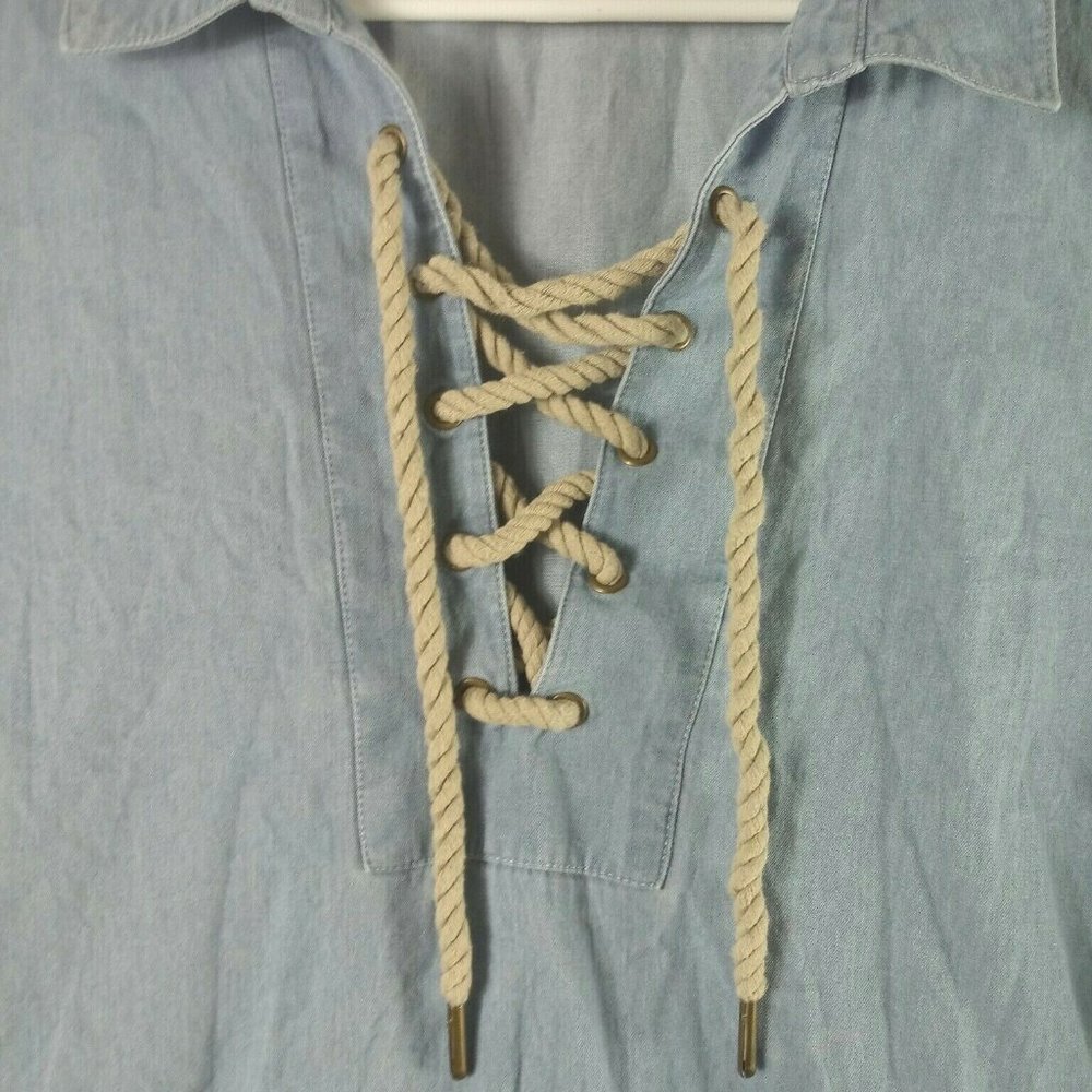 GH Bass & Co. Womens Cotton Knit Blouse Rope Lace Up 3/4 Bell Sleeve Blue Large - Picture 5 of 6